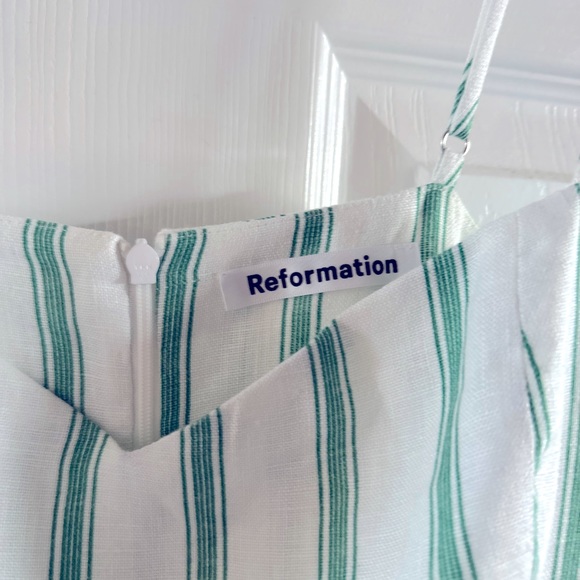 REFORMATION Gateau White Green Stripe EILEEN Ruffle Linen Midi Sun-dress - Picture 5 of 6
